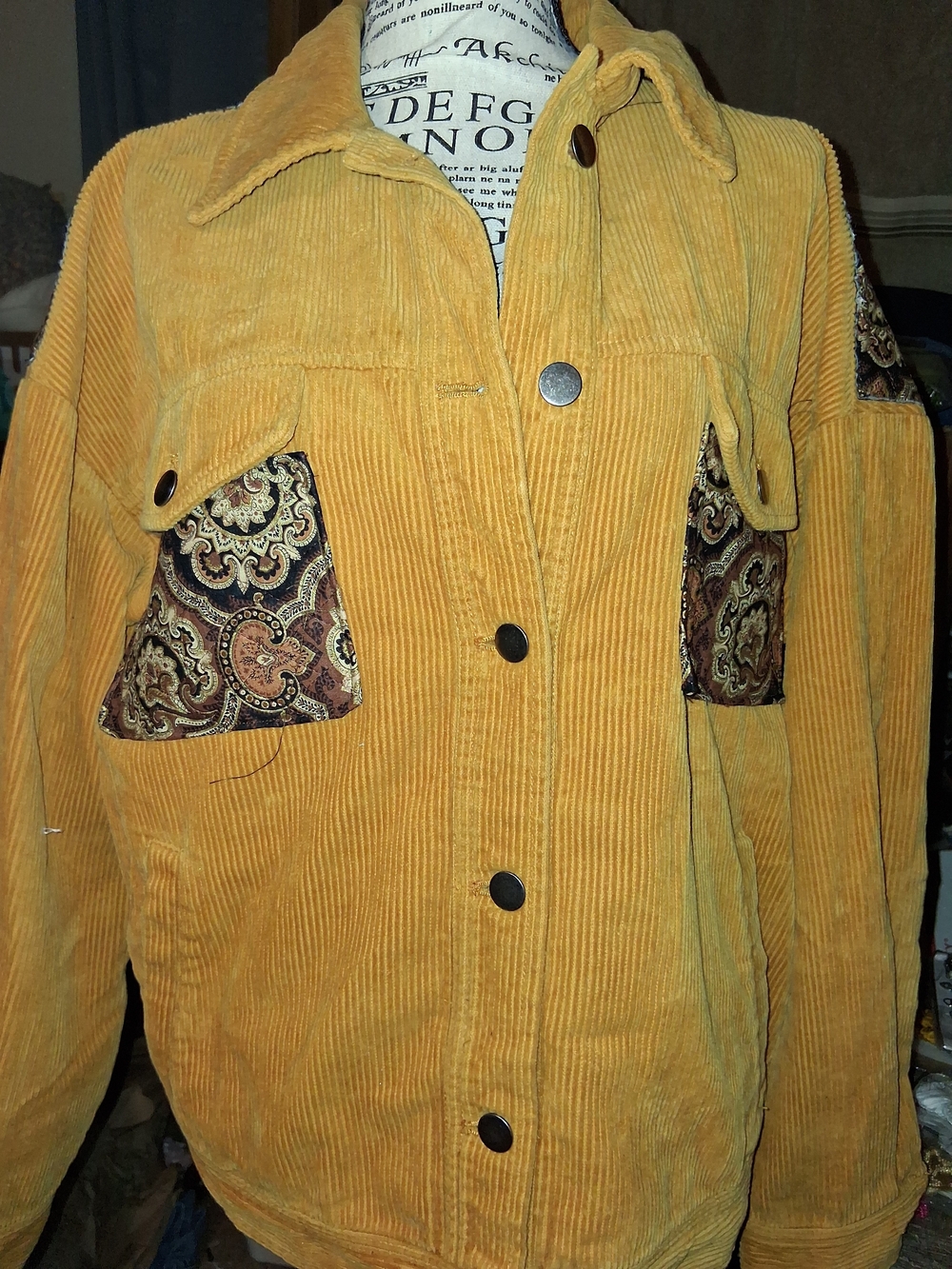 Corduroy Mustard Yellow Jacket with Patterned Pocket Accents